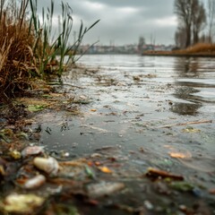 Fototapeta premium Brown water and algae in a polluted waterway with reflections