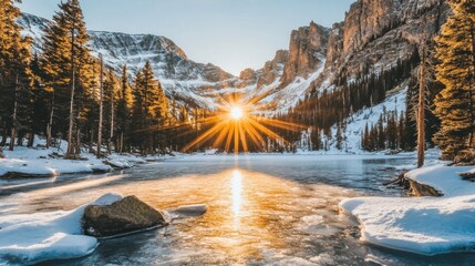 Sunrise over a frozen lake nestled in a snowy mountain valley.