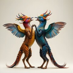 Fototapeta premium Two vibrant mythical birds face each other, wings spread in a stunning display of color and fantasy, a captivating symbol of connection and wonder