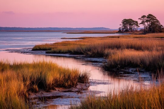 Calm coastal wetland at sunset with marsh grasses and tidal pools