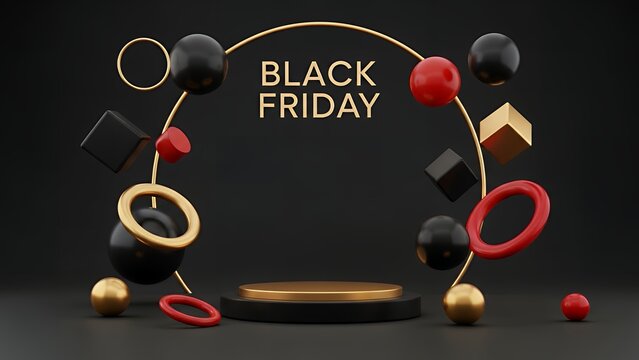 A luxurious Black Friday background featuring matte black elements, gold and red accents, floating 3D shapes, and cinematic lighting for premium sale promotions.