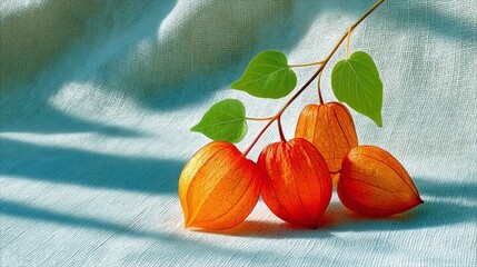 Close-up of orange physalis fruits with green leaves on a light blue linen cloth, lit by sunlight.