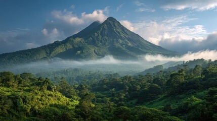 Fototapeta premium Calm morning view of a dormant volcanic cone with lush green slopes