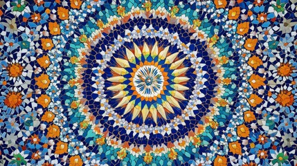 Vibrant and intricate moroccan zellige tile mosaic pattern featuring a central mandala design in shades of blue, orange, and yellow