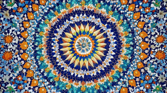 Vibrant and intricate moroccan zellige tile mosaic pattern featuring a central mandala design in shades of blue, orange, and yellow