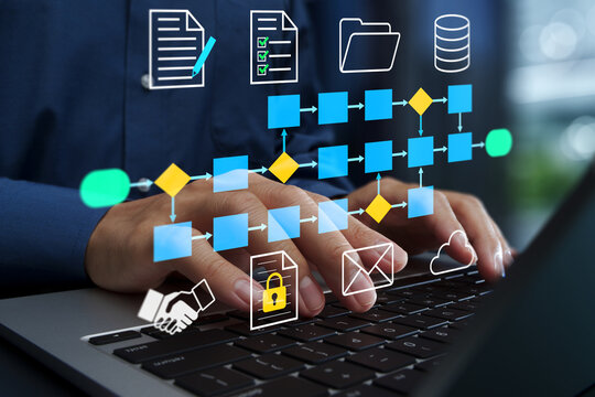 Document workflow and document lifecycle management. Approval process automation. Workflow diagram and file icons. Businessman using laptop computer to manage business documents.