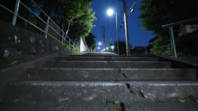Climbing Concrete Steps at Night Urban Exploration and Streetlight Illumination