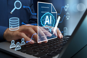 AI-powered document and text generation. Retrieval-augmented generation RAG. Business process automation with generative AI. Businessperson using laptop computer.