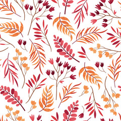 Autumn Twigs and Leaves Seamless Pattern Flat Vector. Botanical Elements Texture for Seasonal Design, Nature Decor, Eco Friendly Branding. Repeat Background for Wallpaper, Textile, Wrapping Paper