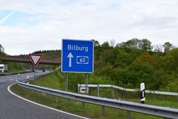 German Autobahn sign to Bitburg on A60, leading cross border to Belgium