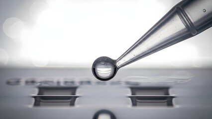 A pipette dispenses a drop of clear liquid into a laboratory well plate for a scientific experiment.