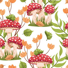 Amanita Mushrooms in Grass Seamless Pattern Flat Vector. Poisonous Fungi Forest Texture for Nature Design, Whimsical Decor. Repeat Background for Wallpaper, Textile, Wrapping Paper. Enchanted Woodland