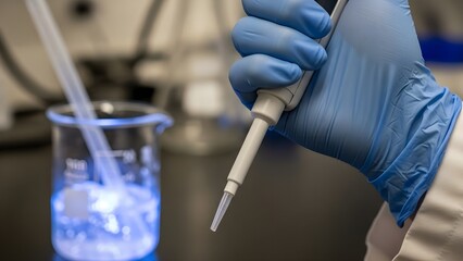 Close up of scientist using pipette in lab with blue gloves.