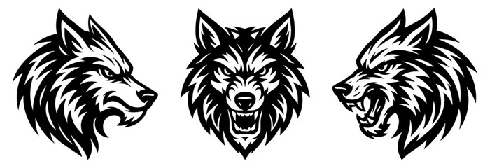 Fierce Wolf Head Vector Set &ndash; Stylized Black & White Wild Canine Designs for Logos, Mascot, Tattoos, Esports, Streetwear & Biker Brands &ndash; Instant Download Artwork