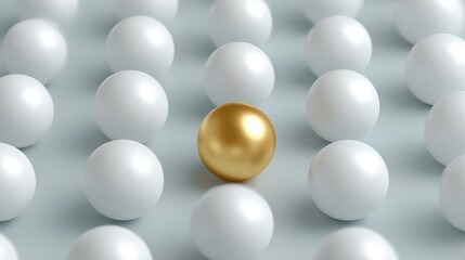 Central gold sphere surrounded by a grid of white spheres on a minimalist geometric background