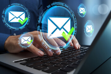 Secure email security system. Spam message filter and threat detection. Encryption and zero trust architecture. Businessperson using laptop computer.