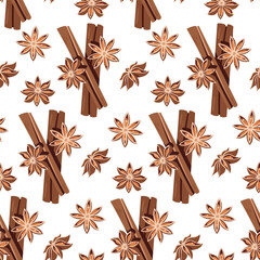 Cinnamon Sticks and Star Anise Seamless Pattern Flat Vector. Spice Texture for Cafe Branding, Food Packaging, Seasonal Designs. Repeat Background for Wallpaper, Textile, Wrapping Paper, Autumn Themes