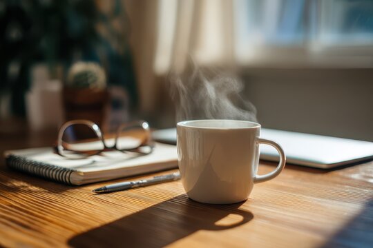 Ceramic coffee mug resting beside notebook and glasses on a tidy desk - Powered by Adobe