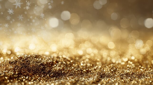 Champagne gold backdrop for festive design with glitter, snowflakes, and soft glow