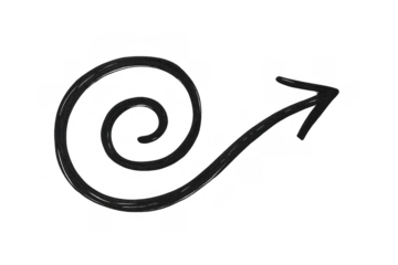 Hand-drawn black spiral arrow showing direction, curling pointer sketch, transparent background element