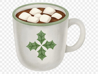Watercolor hot cocoa mug illustration with marshmallows for winter holiday design. Vector.