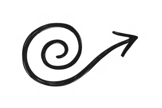 Hand-drawn black spiral arrow showing direction, curling pointer sketch, transparent background element