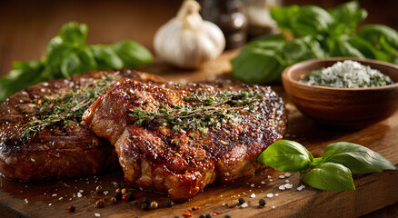 Two Perfectly Cooked Ribeye Steaks Garnished with Herbs on a Wooden Cutting Board with Garlic