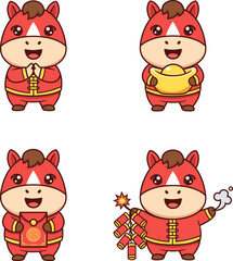 Cute Chinese New Year 2026 Year of the Horse Mascot Vector Set. Happy Cartoon Pony Character Holding Red Envelope, Gold Ingot, and Firecrackers. Kawaii Zodiac Animal Illustration Collection.