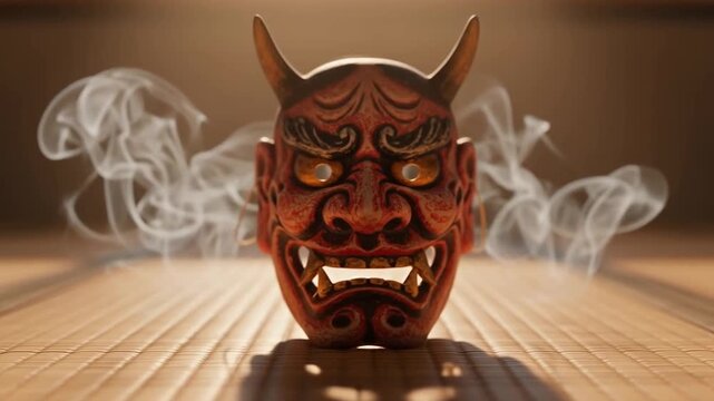 oni mask on tatami mat with soft drifting incense smoke, warm cinematic tones, perfect for setsubun