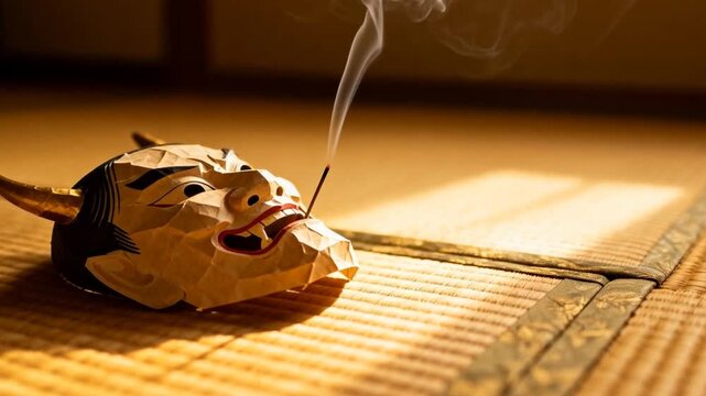 oni mask on tatami mat with soft drifting incense smoke, warm cinematic tones, perfect for setsubun