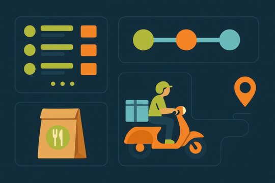 Modern food delivery illustration depicting a courier on a scooter navigating digital maps and order details emphasizing convenience and efficiency in urban lifestyles