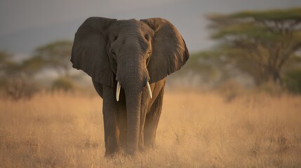 Fototapeta premium Gentle giant African elephant portrait captures serene savanna beauty and quiet conservation moments