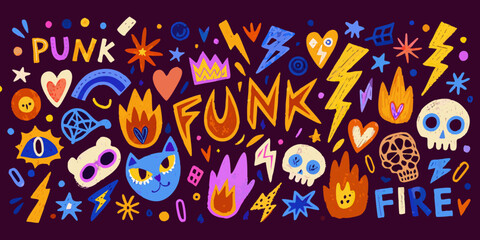 A vibrant collection of punk and funk inspired doodles and graphic elements