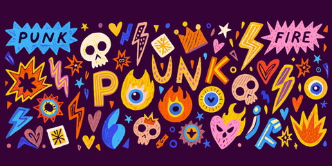 Colorful punk rock design featuring skulls lightning and fiery elements
