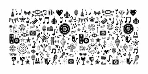 A chaotic black and white pattern of music notes hearts and decorative objects