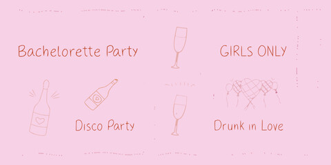 A pink bachelorette party invitation with doodle illustrations and text
