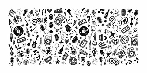 A detailed black and white pattern showcasing various musical instruments and notes
