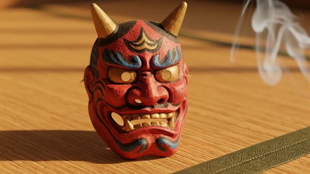 oni mask on tatami mat with soft drifting incense smoke, warm cinematic tones, perfect for setsubun