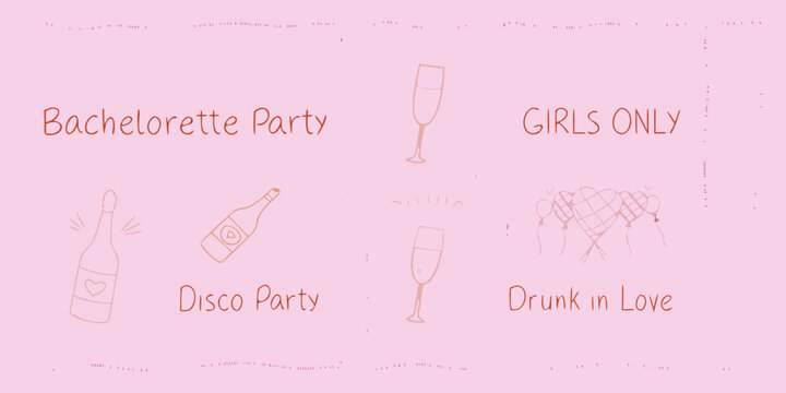 A pink bachelorette party invitation with doodle illustrations and text