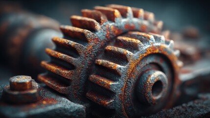 Close-up view of a rusty gear showing industrial craftsmanship and weathered texture in a workshop setting