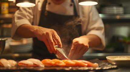 Sushi chef skillfully preparing fresh tuna at a small restaurant