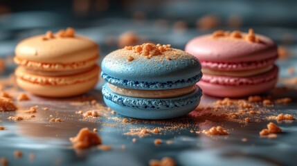 Colorful macarons with crushed toppings arranged artfully on a shiny surface