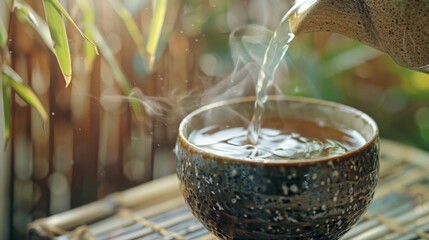 Steam rises as tea is poured into a ceramic cup at a tranquil ga