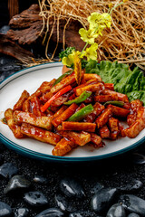 Northeastern-style stir-fried eggplant, potatoes, and green peppers