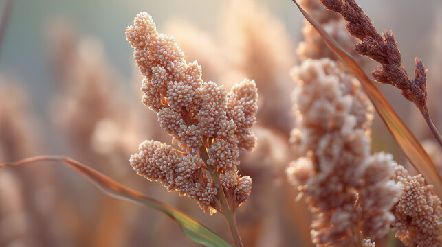 AI generator image of quinoa seed. Growing quinoa plant with seed head in garden, farmer's hand holding quinoa plant stem against field background, quinoa cultivation and harvesting Chenopodium quinoa