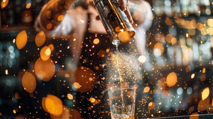 Bartender skillfully prepares a cocktail at a vibrant bar with w