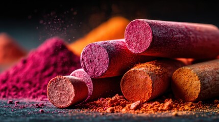 Vibrant colored powders and sticks arranged artfully on a dark surface highlighting traditional craftsmanship and art