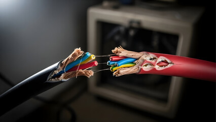Rodent-Damaged Electrical Cable with Exposed Wires Posing a Fire Hazard