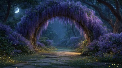 Garden path lit by fireflies under a moonlit sky surrounded by blooming wisteria blossoms at night
