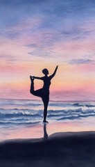 Obraz premium Serene watercolor yoga woman silhouette peaceful sunset shore calm relaxing lifestyle art